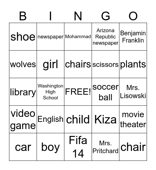 Nouns Bingo Card