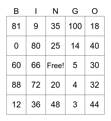 Multiplication BINGO Card