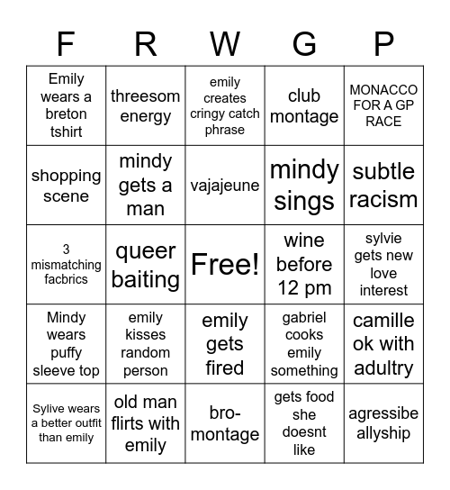 Emily in Paris Bingo Card