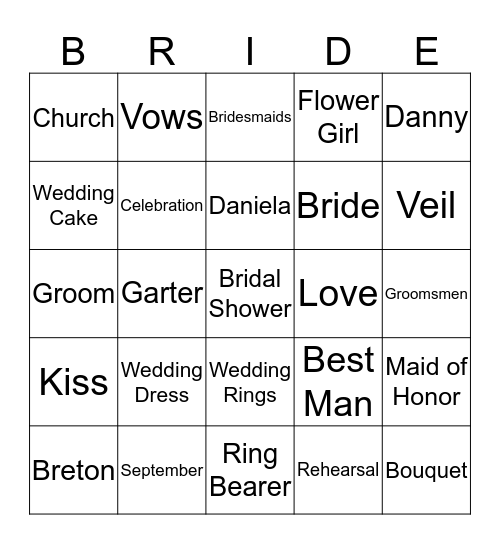 Daniela's Bridal Shower Bingo Card