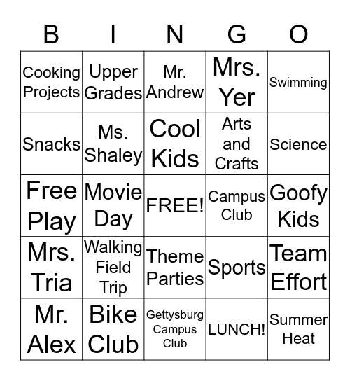 Campus Club Bingo Card