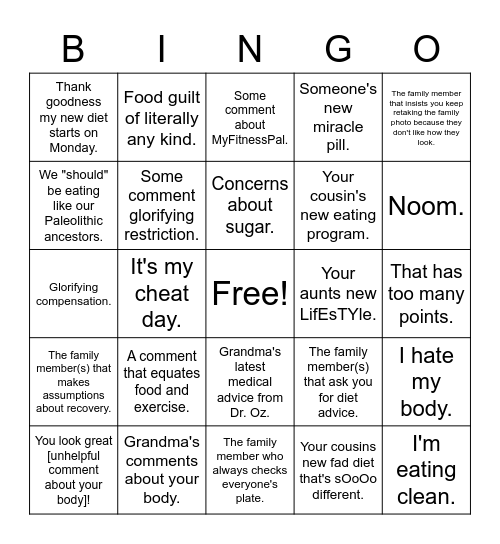 Holiday Diet Culture BINGO Card