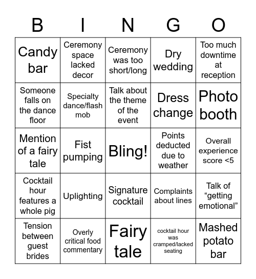 Four Weddings Bingo Card