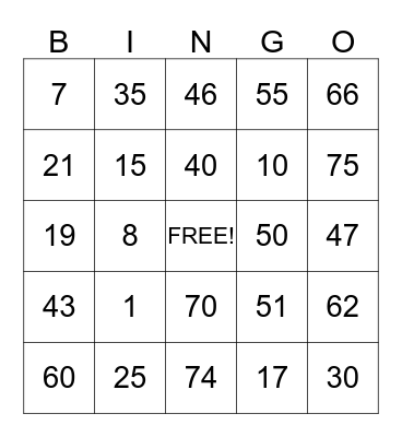 Youth Center Bingo Card