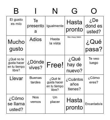 Spanish Bingo Card