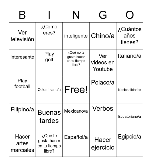 personal identity vocabulary Bingo Card