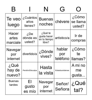 Personal identity Vocabulary Bingo Card