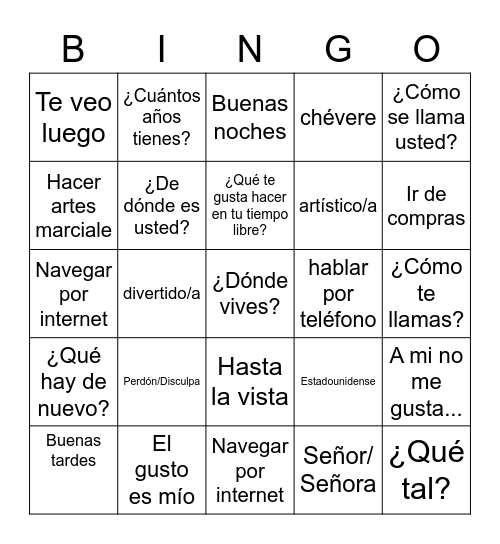 Personal identity Vocabulary Bingo Card