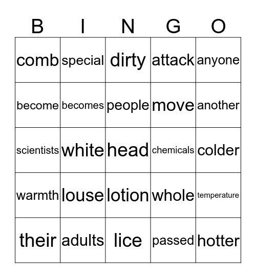 Head Louse Bingo Card