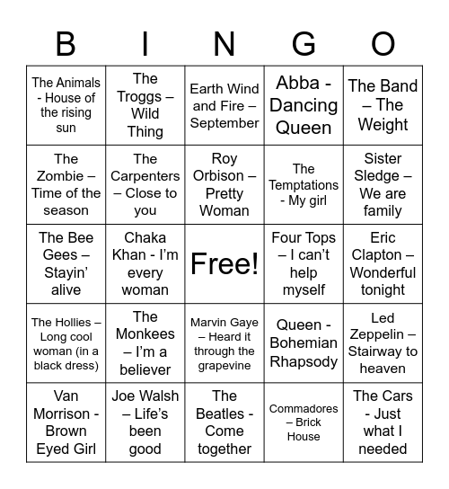 Music Bingo Card