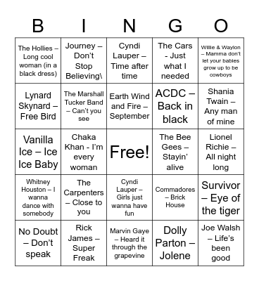Music Bingo Card