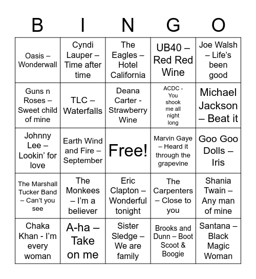 Music Bingo Card