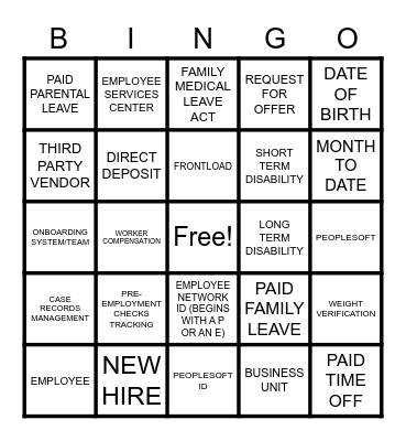 EMPLOYEE SOLUTIONS TEAM Bingo Card