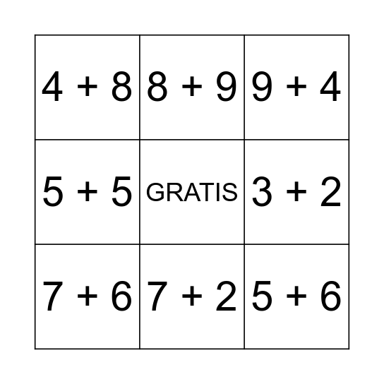 BINGO de sumas Bingo Card