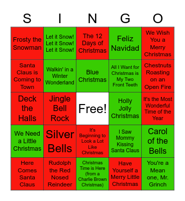 Christmas Carol Bingo Card