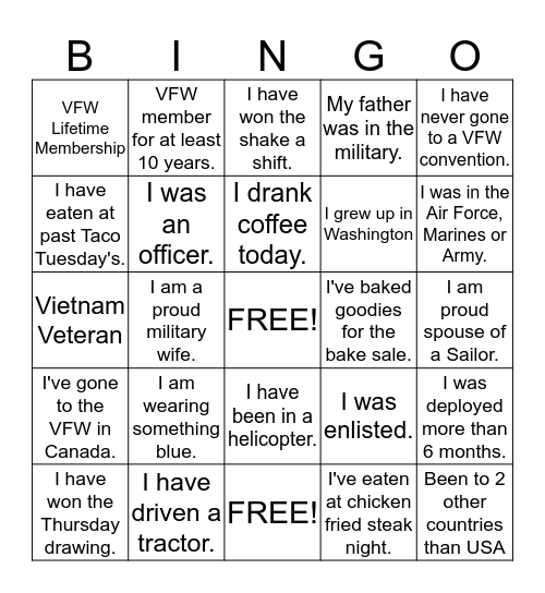VFW Bingo Mixer Bingo Card VFW Bingo Mixer Bingo Card