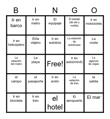 Travel Unit Vocabulary Bingo Card