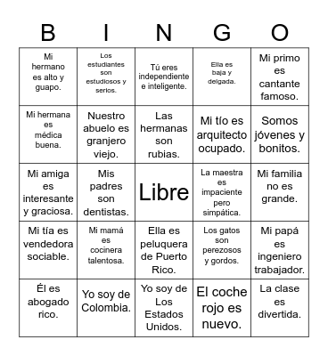 Ser Sentences Bingo Card