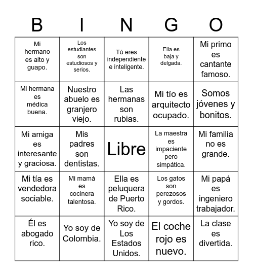 Ser Sentences Bingo Card