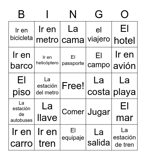 Travel unit vocabulary Bingo Card