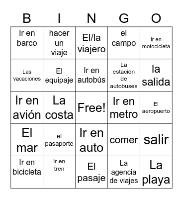 Travel Unit Vocabulary Bingo Card