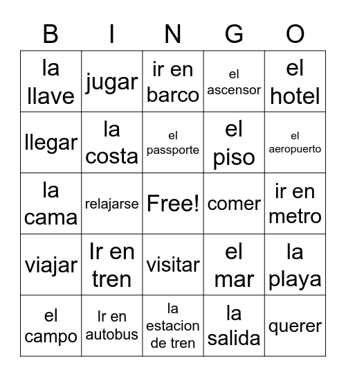 Travel Unit Vocabulary Bingo Card