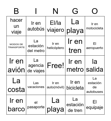 Travel Unit Vocabulary Bingo Card