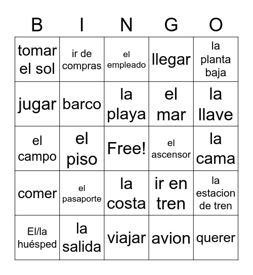 Travel Unit Vocabulary Bingo Card