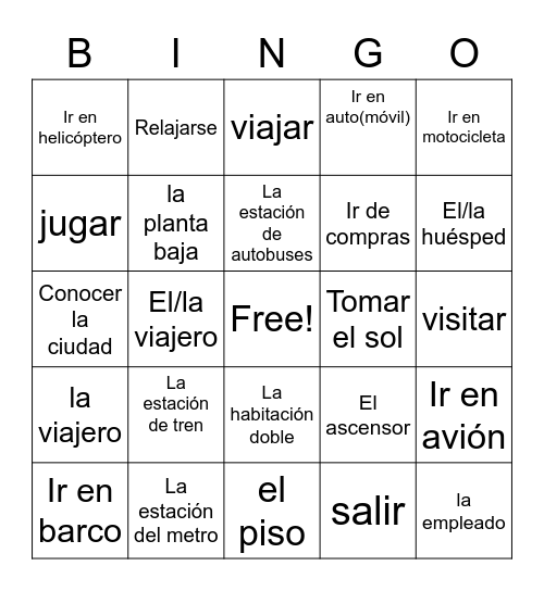 Travel Unit Vocabulary Bingo Card