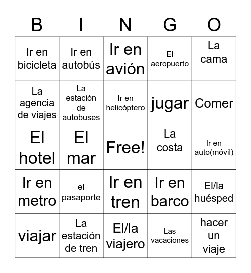 Travel Unit Vocab Bingo Card