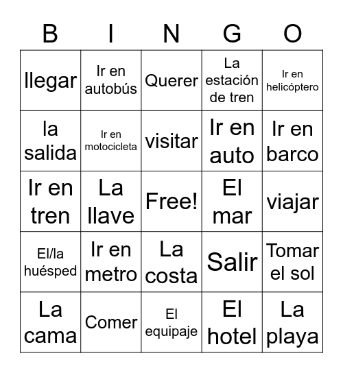 Travel Unit Vocabulary Bingo Card