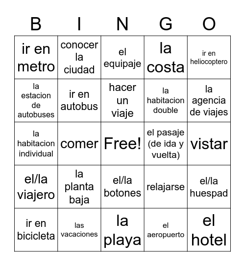 Travel Unit Vocabulary Bingo Card