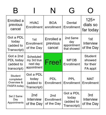 ADMISSIONS  BINGO Card