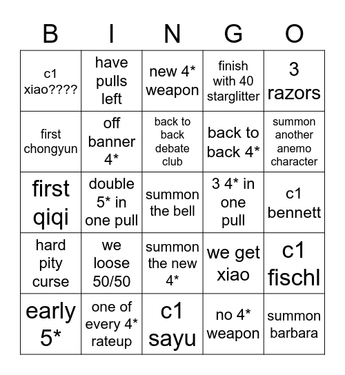 xiao summons bingo Card