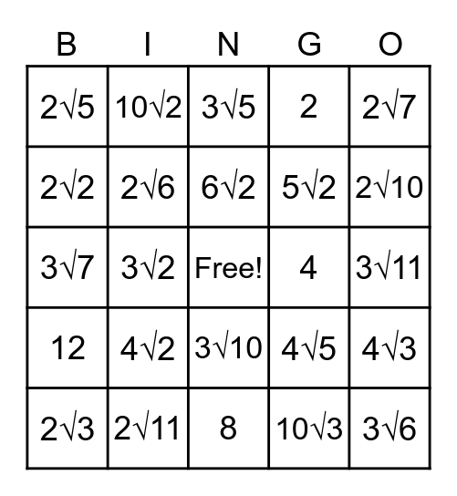 Simplifying Radicals Bingo Card