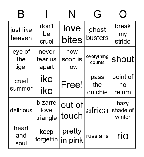 1980s Bingo Card