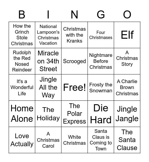 Favorite Christmas Movie Bingo Card