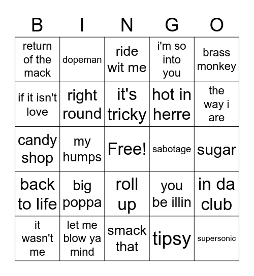 Rap/HipHop Bingo Card