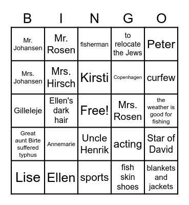 Number the Stars Bingo Card