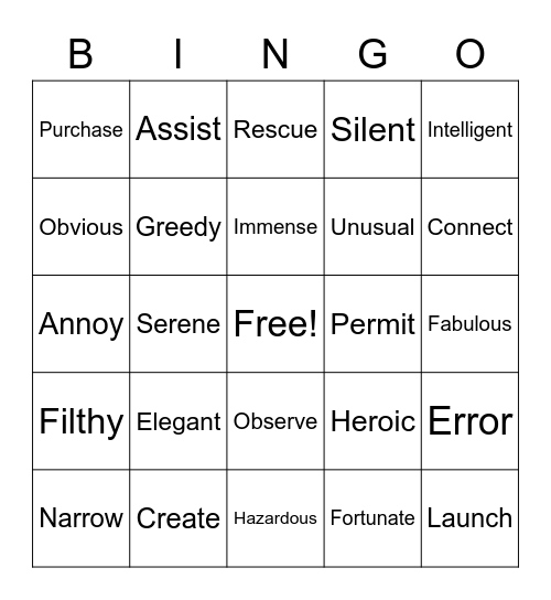 Synonym Bingo Card