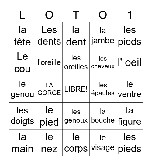 Les Parties du Corps 1 Bingo Card