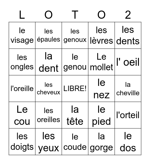 PARTIES DU CORPS 2 Bingo Card