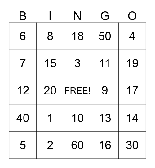 Math Bingo   Bingo Card