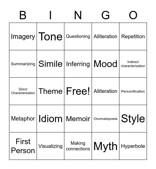 Reading Bingo Card