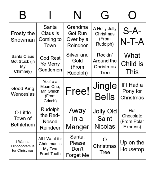 Children's Christmas Music Bingo Card