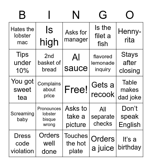 Ruth Chris Bingo Card