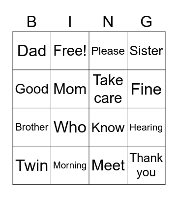 ASL Beginner Bingo Card