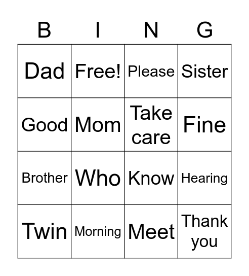 ASL Beginner Bingo Card