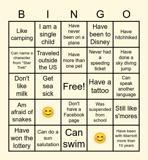 Get to know you Bingo Card