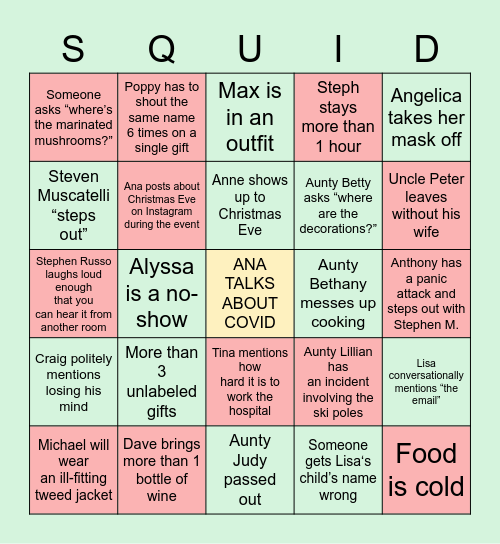 CHRISTMAS EVE “SQUID” Bingo Card